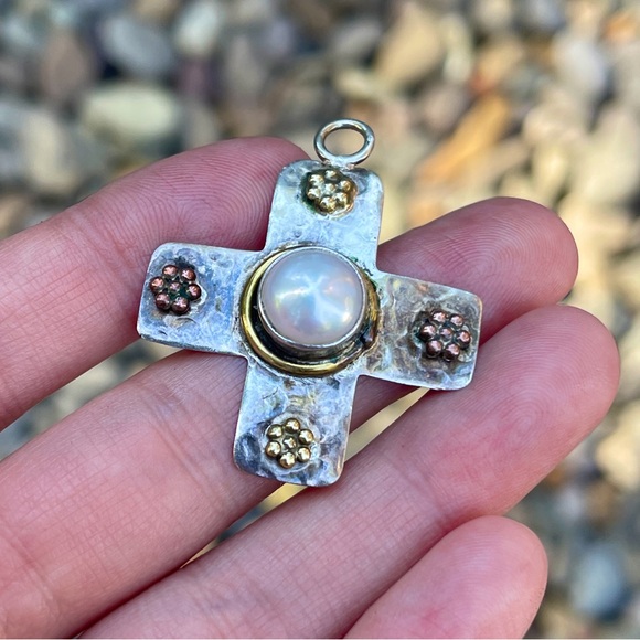 Rare square cross silver pendant signed marked designer artisan pearl vintage - Picture 3 of 9